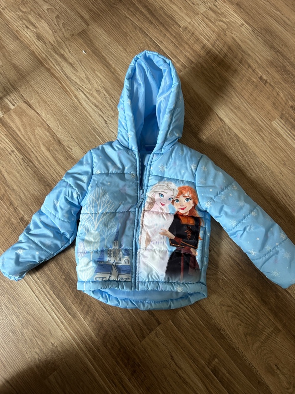Disney Light Blue Girls Hooded Puffer Jacket with Elsa & Anna Print